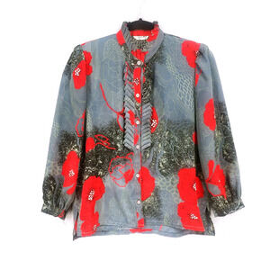 Saturn Gray Top Red Roses Japanese Silk Style Button Up Blouse Women's Small Med
